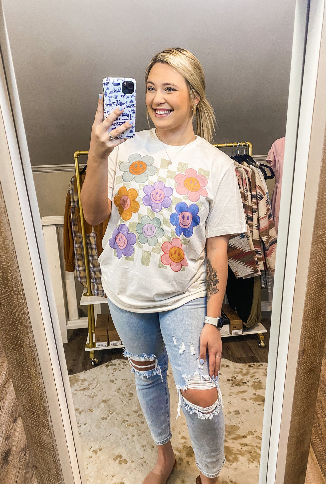 Checkered Smiley Flowers Tee